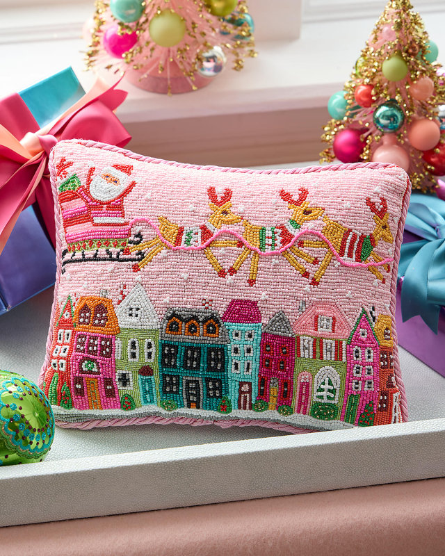 Santa in Sleigh Over Buildings Beaded Pillow, 9" x 11"